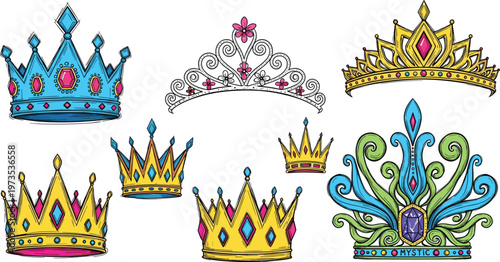 Exquisite Crown Collection Featuring Regal Tiara, Mystic Crowns, and Jewel-Decorated Designs for Luxury, Fashion, and Royalty Illustrations