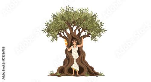 A dryad, a woman in a white toga with a golden laurel wreath, emerges from the gnarled trunk of a large olive tree, holding a golden object.