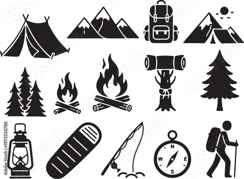 Camping and hiking icons and symbols in black and white