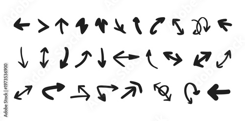 Hand-drawn black arrow icons and symbols on a white background, artistic vector illustration