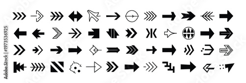 Variety of stylized black arrow icons and symbols on white background, vector illustration