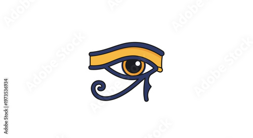 A vibrant, stylized Eye of Horus icon, featuring a blue eyebrow, golden lid, dark pupil, and orange iris, with a blue spiral and teardrop marking.