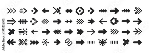 Assortment of modern black arrow icons with unique designs on white background, vector art