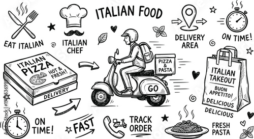 Charming sketch of italian food delivery a whimsical illustration of culinary convenience and speed