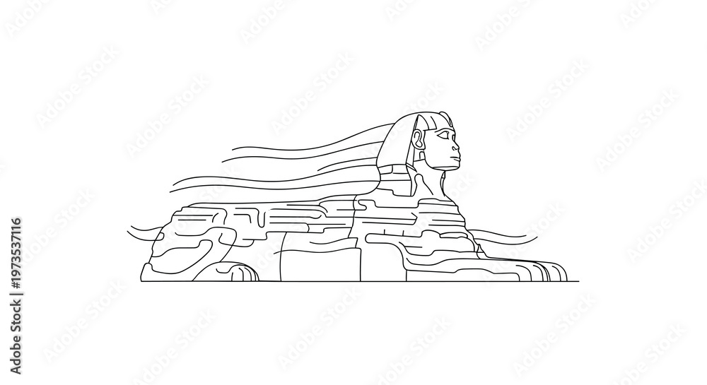 Fototapeta premium A minimalist line art illustration portrays a single Egyptian sphinx in a clean profile view, with simple, flowing lines defining its form against an unblemished white background.