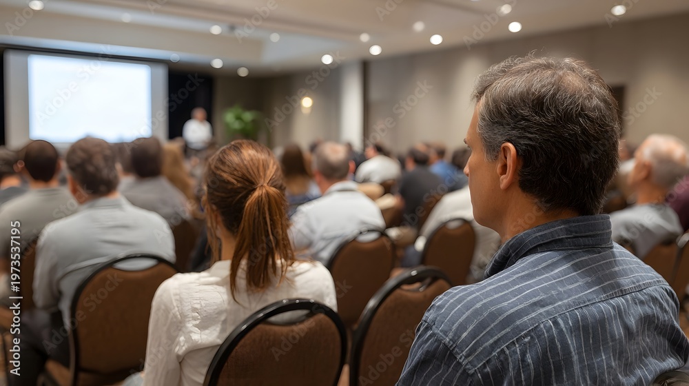 Fototapeta premium A group of professionals attentively gathered in a large conference hall focused on a screen presentation and collaborative learning