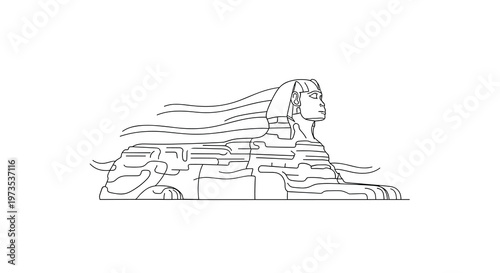 A minimalist line art illustration portrays a single Egyptian sphinx in a clean profile view, with simple, flowing lines defining its form against an unblemished white background.