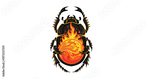 A large black Egyptian scarab beetle is depicted from above, carrying a fiery orange and yellow sun disk between its prominent front legs.