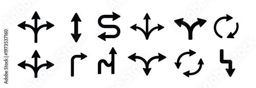 Variety of black arrow icons illustrating different directions, turns, and branching paths for design elements.