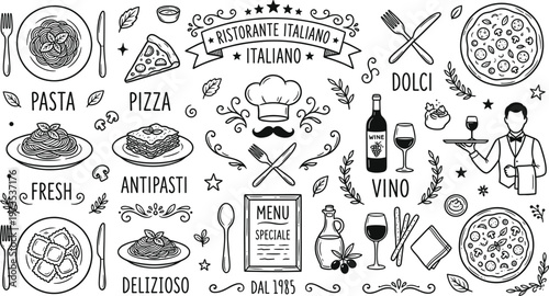 Hand drawn italian cuisine doodle set a black and white culinary illustration with pasta pizza and wine elements