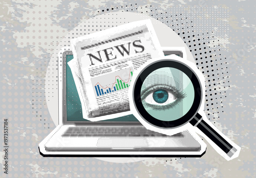 Trendy Halftone Collage with Breaking news on screen laptop and magnifying glass with eye. Media, journalism, or news apps. modern design