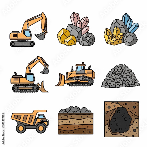 Mining and excavation equipment with various minerals and geological layers.