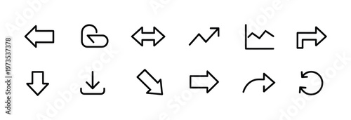 Collection of outline arrow icons representing direction, download, upload, and progress in digital interfaces