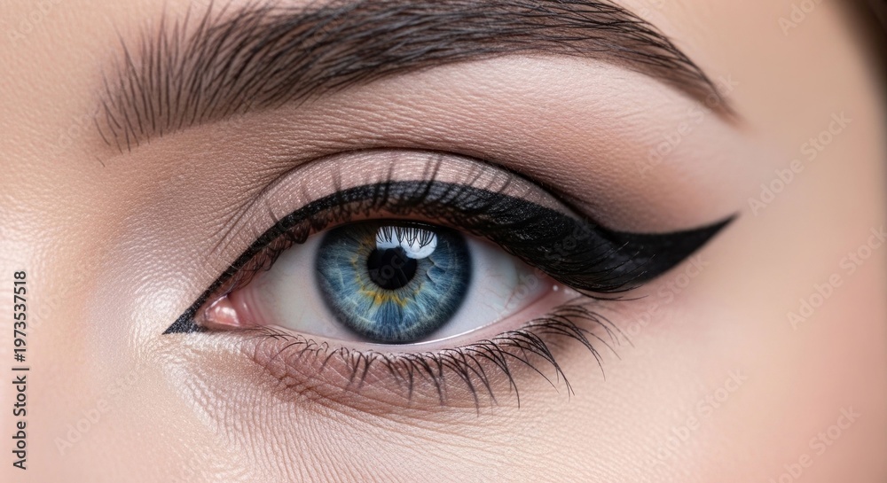 Fototapeta premium Close-up of a blue eye with dramatic winged eyeliner and filled brow