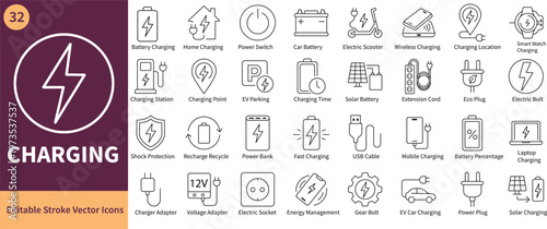 Charging Icons Set. Editable Stroke Line Vector Illustration.