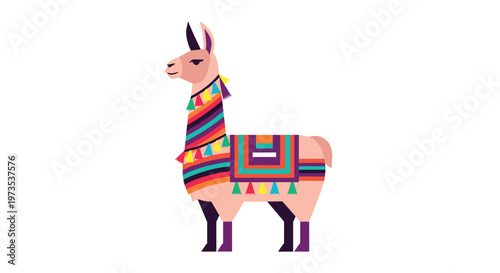 A stylized light brown llama stands on a plain white background, adorned with vibrant geometric textiles featuring horizontal stripes and triangular tassels.