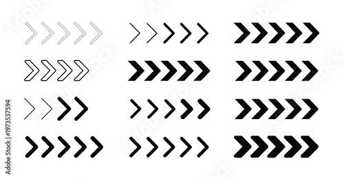 Collection of chevron and arrow icons representing direction, progress, and movement on a white background.