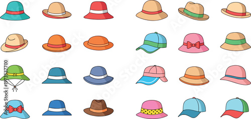 Cartoon vector illustration of colorful hats in diverse fashion and cultural headwear collection