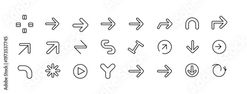 Array of 28 distinct line art arrow icons and symbols for digital interfaces, direction, and actions.