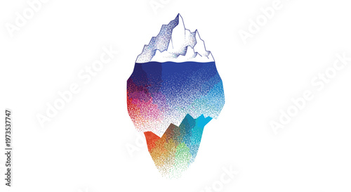 A single stylized illustration of an iceberg with a stippling texture displays a jagged white mountain peak above a clear blue water line and a vibrant, rainbow-colored submerged base.