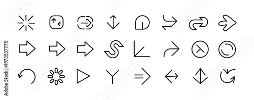Group of 28 varied outline arrow icons and symbols for web design, direction, and user interface elements.