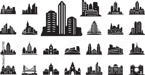 City Skyline Silhouette Icons Set Urban Landscape Buildings