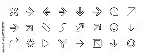 Assortment of 28 minimalist line arrow icons and symbols for digital navigation, direction, and actions.