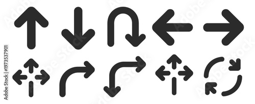 Collection of ten diverse arrow icons and symbols for navigation and movement in graphic design.