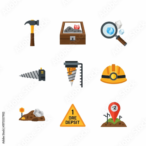 Mining and geology tools and equipment set for mineral exploration.