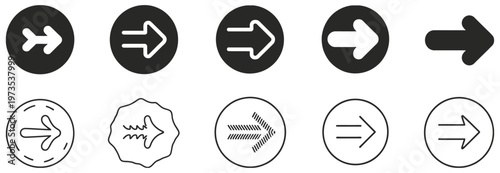 A collection of bold black right-pointing arrow icons in various styles for user interface design.