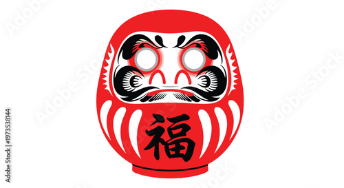 A vibrant red Japanese Daruma doll stands centrally on a plain white background, featuring prominent black facial hair and two blank white eye circles.