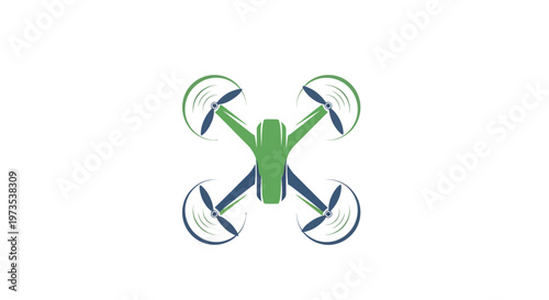 Green drone with four propellers flying.