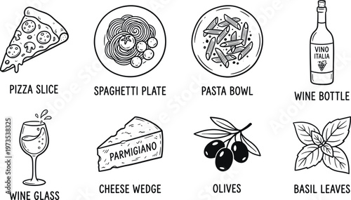 Hand drawn italian cuisine icons pizza pasta wine cheese and garnishes in a sketch style