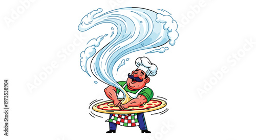A cheerful cartoon pizza baker with a red mustache and chef's hat energetically spins a single pizza dough in the air against a clean white background.