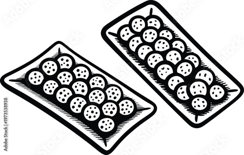 Illustration of two rectangular platters filled with round appetizers or meatballs with serving dish with party food with finger food with food service