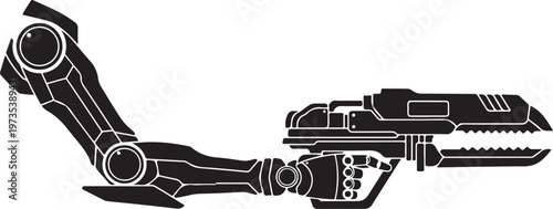 Robotic arm, mechanical claw, industrial robot, futuristic machinery, black and white vector