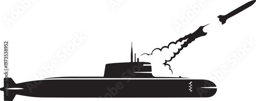 Black submarine launching missile, military vessel, underwater warfare, naval combat