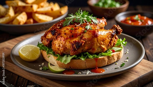 An overhead shot shows a plated meal with roasted chicken atop bread with lettuce, lemon slices, and sides of fries and sauce