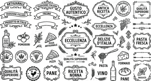 Vintage italian food and wine labels collection hand drawn style decorative elements for design projects
