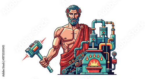 A powerful Roman god Vulcan, adorned with a red toga and laurel wreath, stands holding a glowing hammer next to an intricate mechanical forge on a white background.