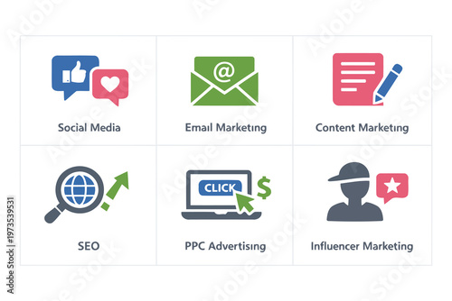 Six key digital marketing strategies illustrated with icons Vector