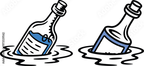 Message in a bottle illustrations floating in water with liquid filled