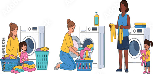 Laundry Day Household Chores Illustration Set Featuring Women and Children Washing Clothes with Washing Machine and Folded Garments in Modern Home Lifestyle Scenes