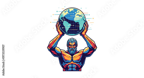A powerful, bearded titan with chiseled muscles lifts a glowing digital Earth globe high above his head on a pristine white backdrop.