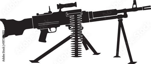 Machine gun, assault rifle, black silhouette, vector illustration, military weapon, firearm