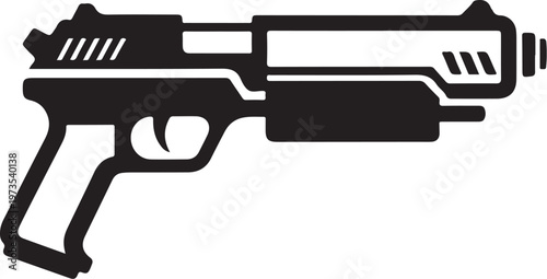 Futuristic pistol, sci-fi handgun, black vector icon, futuristic weapon, gaming asset