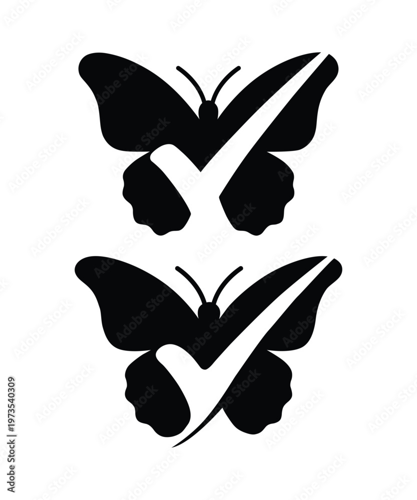 Obraz premium Minimal butterfly checkmark icon set, abstract symmetry logo design, modern black silhouette vector
