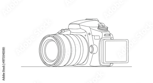 Line drawing of a digital slr camera showcasing its form and features