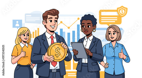 Business professionals discussing financial growth and investment opportunities with a dollar coin symbol representing wealth and security