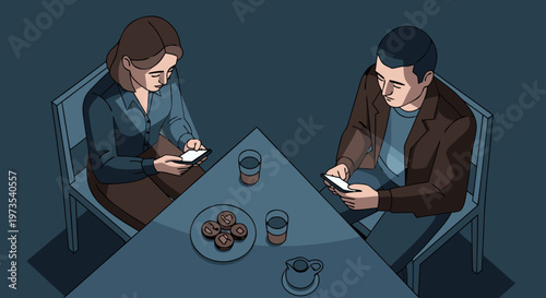 Couple sitting at a table ignoring each other while engrossed in their mobile phones at home